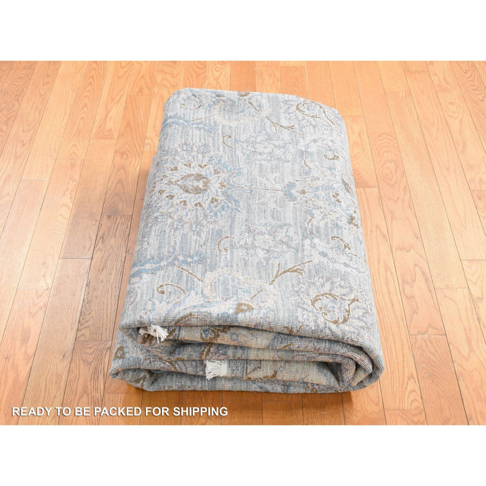 Light Green Pure Silk Wool Mughal Design Hand Knotted Oriental Rug 7'10"x10'