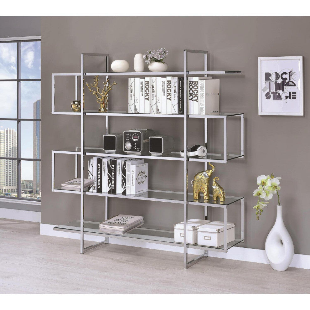 Contemporary Bookcase, Geometric Design With Chrome Frame & Clear Glass Shelves