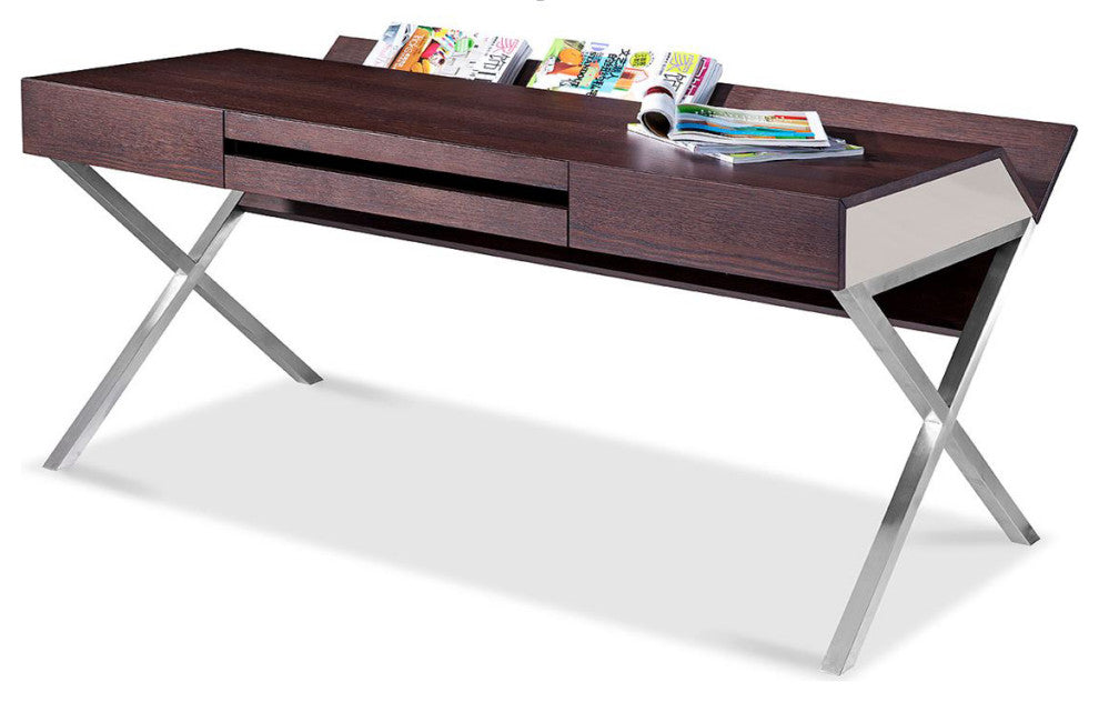 30" Brown Oak and Grey Veneer and Stainless Steel Office Desk