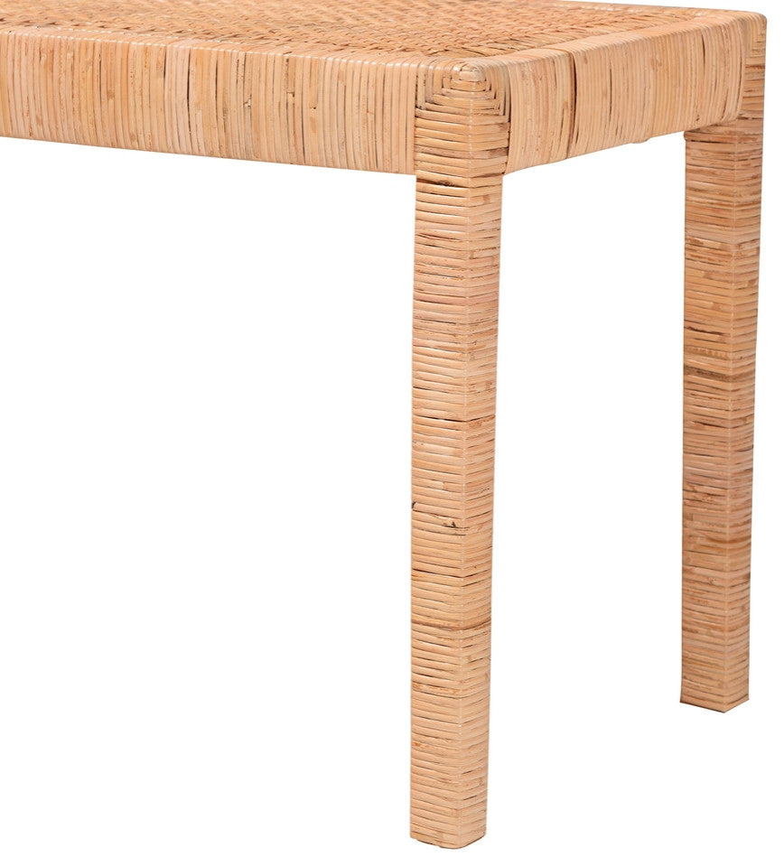 Modern Bohemian Natural Rattan and Mahogany Wood Long Accent Bench