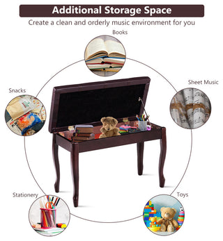 Costway Solid Wood PU Leather Piano Bench Padded Double Duet Seat Storage Brown