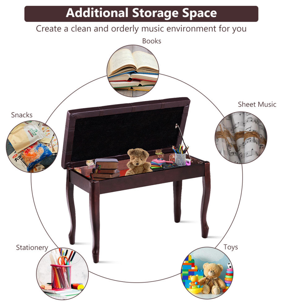Costway Solid Wood PU Leather Piano Bench Padded Double Duet Seat Storage Brown