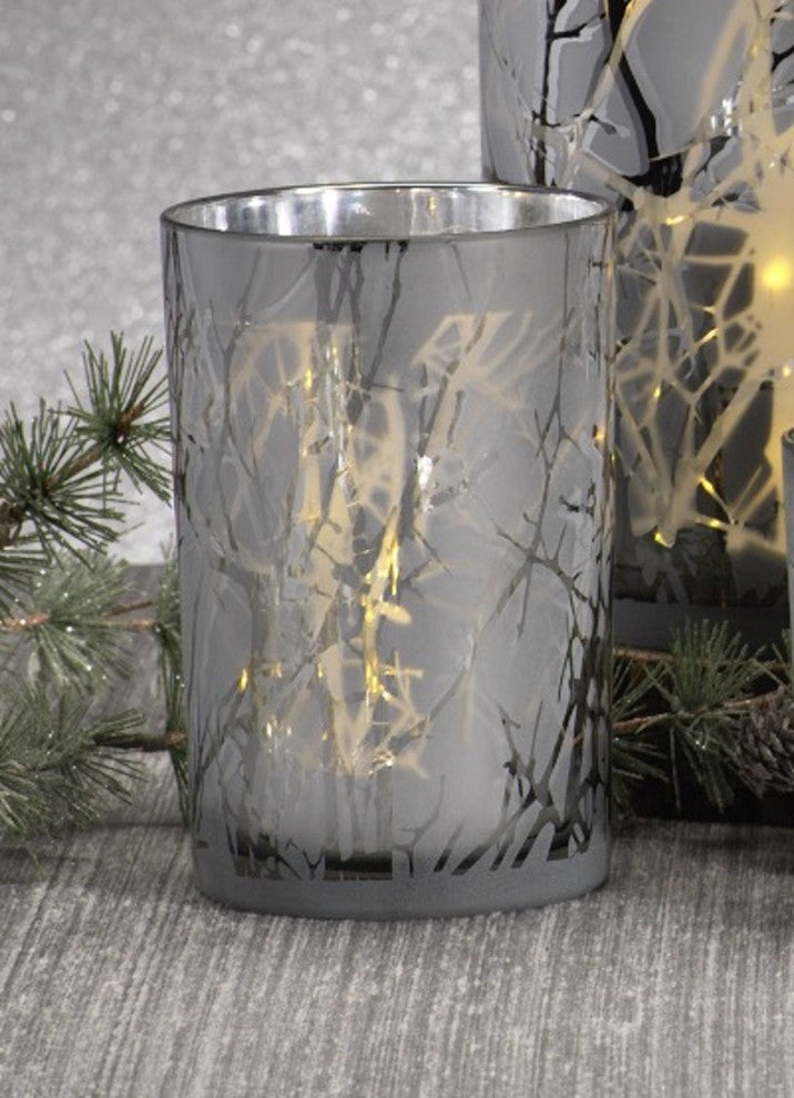 5" Silver Plated Branch Design LED Hurricanes, Set of 2, 7"