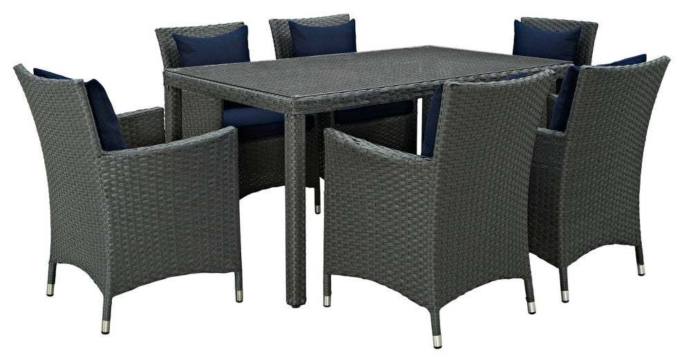 Modway Sojourn 7 Piece Outdoor Patio Sunbrella Dining Set, Canvas Navy