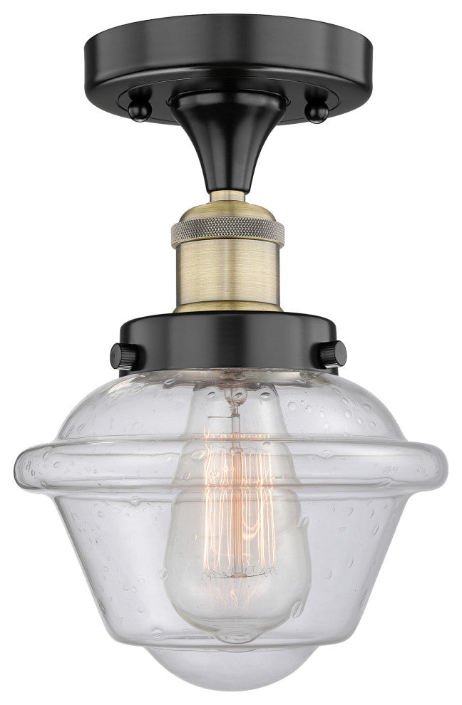 Oxford-1 Light 7" Semi-Flush Mount-Black Antique Brass, Seedy Glass Shade