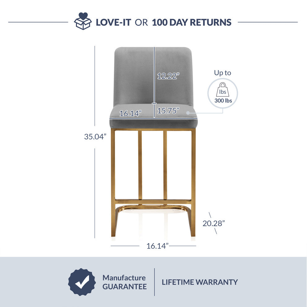 24" Barstools Counter Stools with Gold Metal Frame, Set of 2, Grey