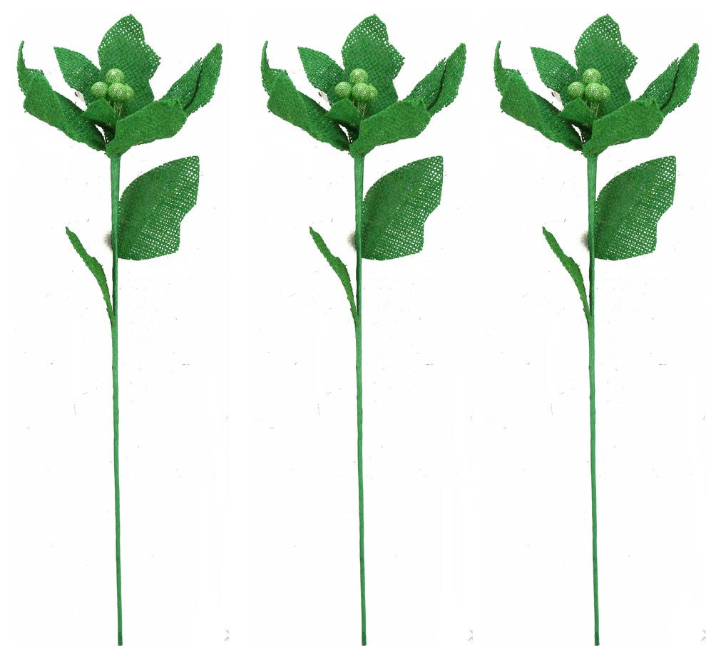 3 Pieces  20" Burlap Poinsettia Christmas Pick, Green