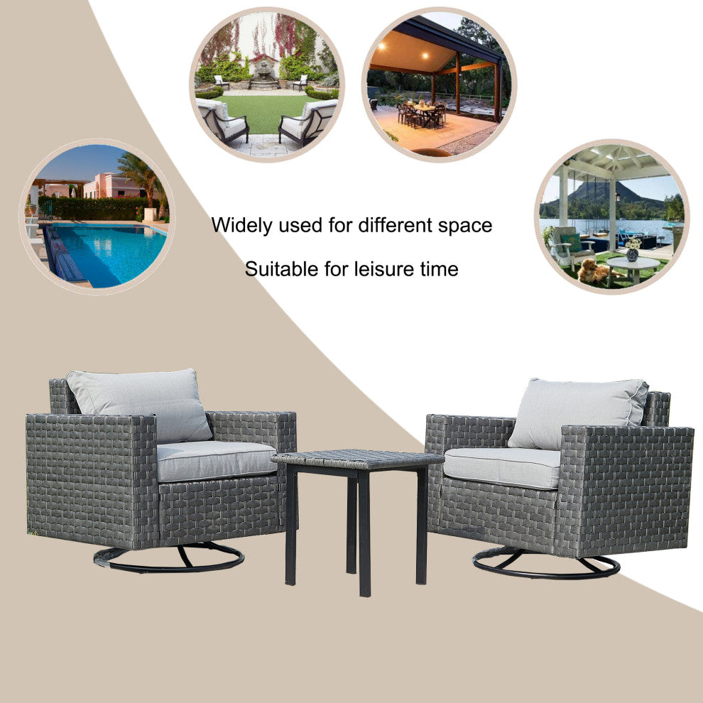 Outdoor Swivel Rocker Patio Chair Rattan Conversation Sets with Coffee Table, Gray