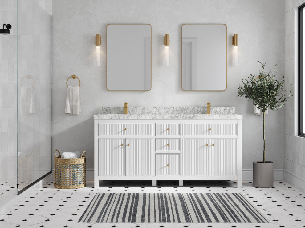 Sonoma 72 Double Sink Reeded Bath Vanity in White 2" Carrara Marble