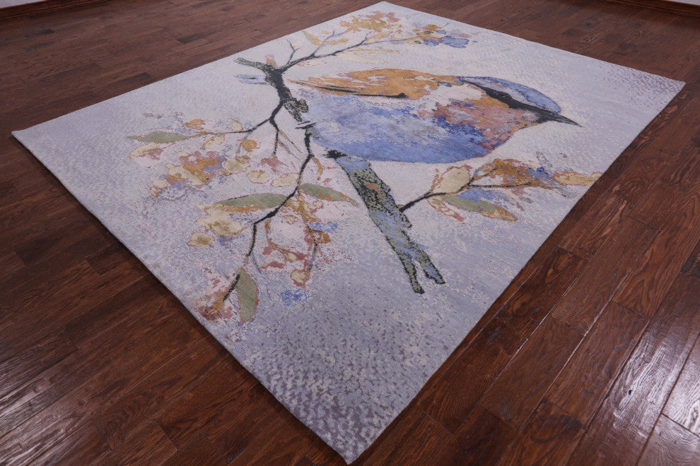 Bird Design Hand-Knotted Wool and Silk Rug 7' 11" X 10' 0" Q8695