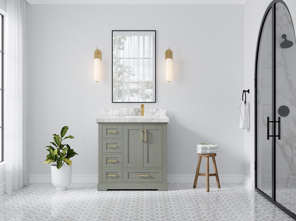 Boston 36 Right Offset Bath Vanity in Evergreen 2" Carrara Marble
