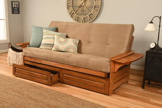 Mesa Frame Futon With Barbados Finish, Storage Drawers, Suede Peat