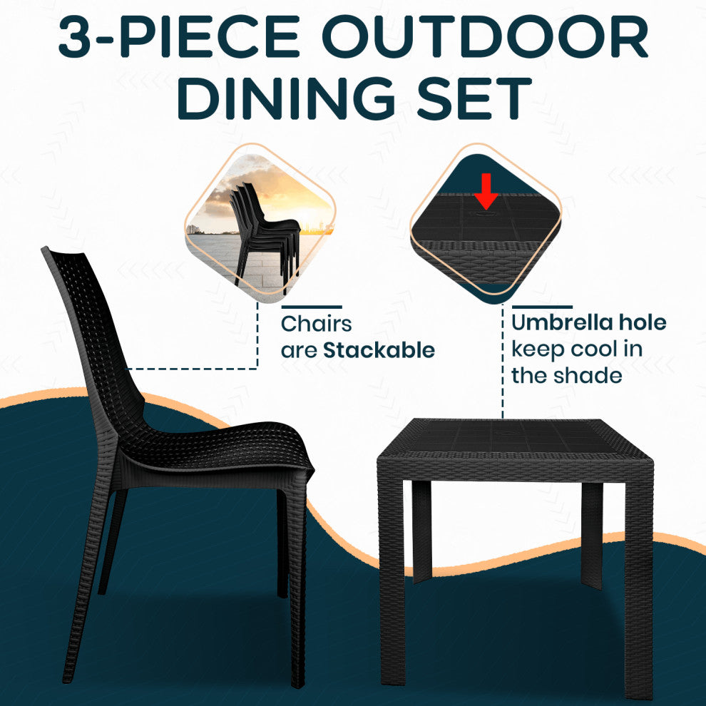 LeisureMod Kent Weave Design 3-Piece Outdoor Patio Dining Set, Black
