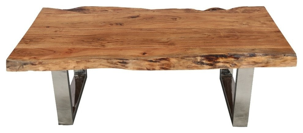 Natural Acacia Wood & Steel Rustic Live Edge Coffee Table