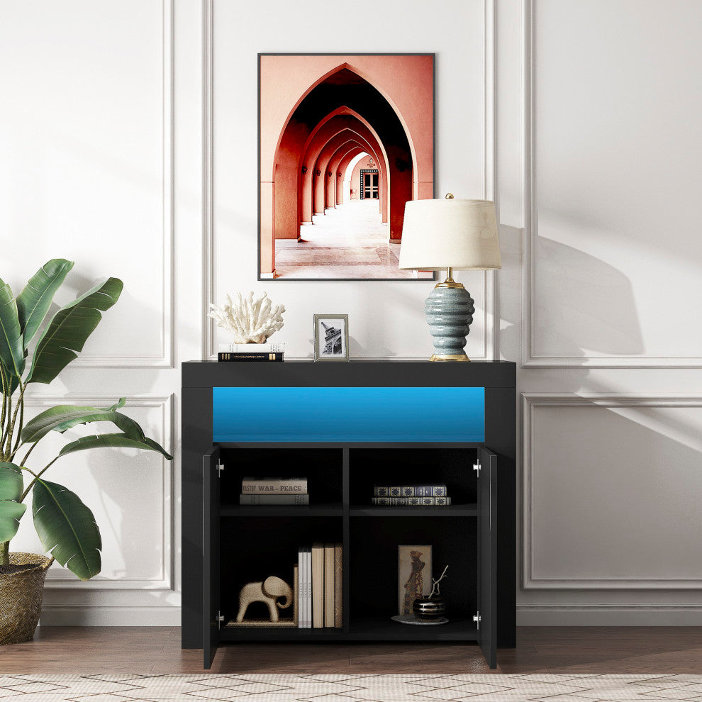 Wood Double Door Accent Cabinet with LED Light, Black, 42'' X 16''