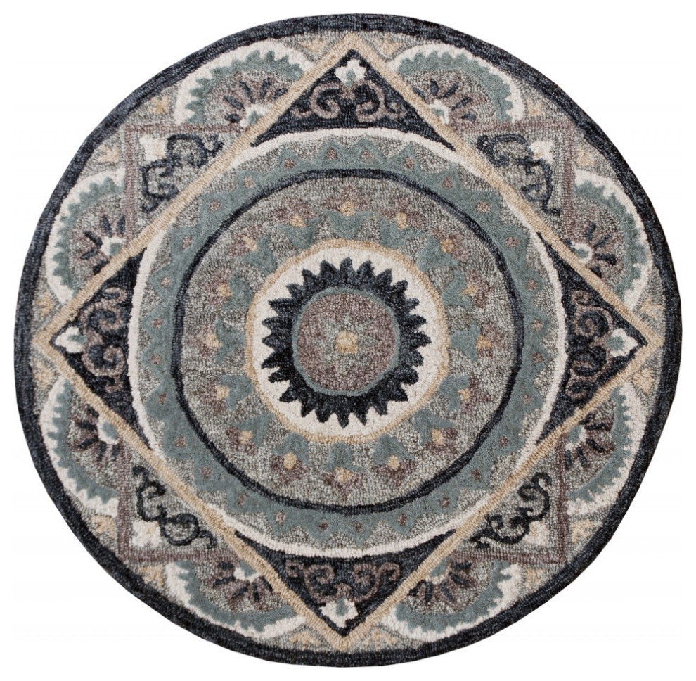 3' Round Gray Geometric Medallion Area Rug