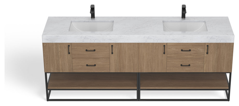 Bahia Bath Vanity, Oak, 84", Matte Black Hardware, Double, Freestanding