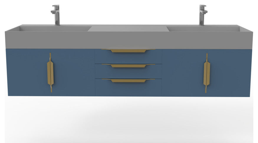 CastelloUSA Amazon 72" Wall Mounted Vanity Set, Blue, Gray Top, Gold Handles