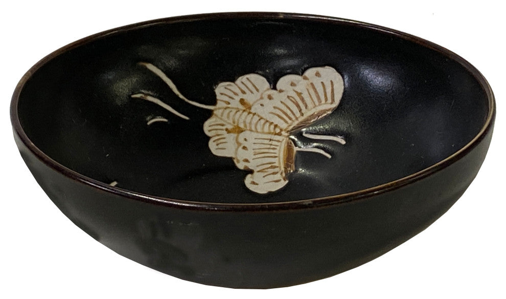 Chinese Ware Brown Black Glaze Butterflies Ceramic Bowl Cup Display Hws3157