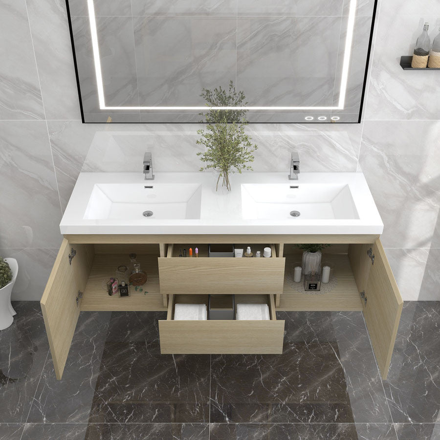 BTO 60" Wall Mounted Bath Vanity With Reinforced Acrylic Sink, Double Sink, White Oak