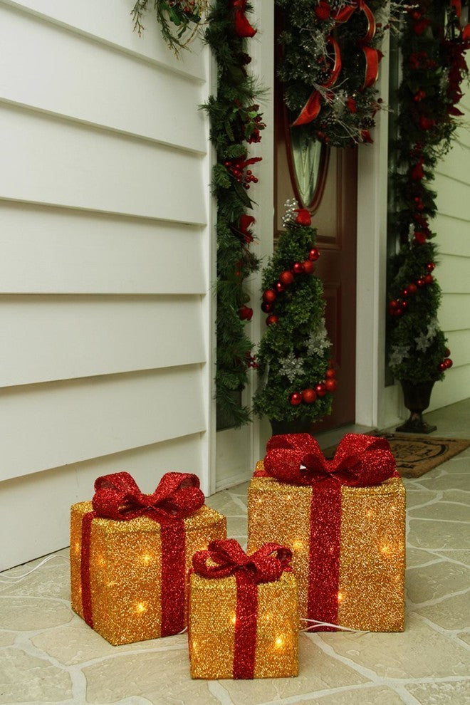 Gift Boxes With Bows Christmas Decorations, 3-Piece Set, Gold/Red