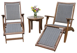3-Piece Eucalyptus and Wicker Lounger Set With Ottoman and Round Accent Table