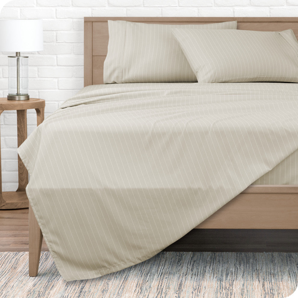1800 Microfiber Sheet Set, Pinstripe Stone/White, King
