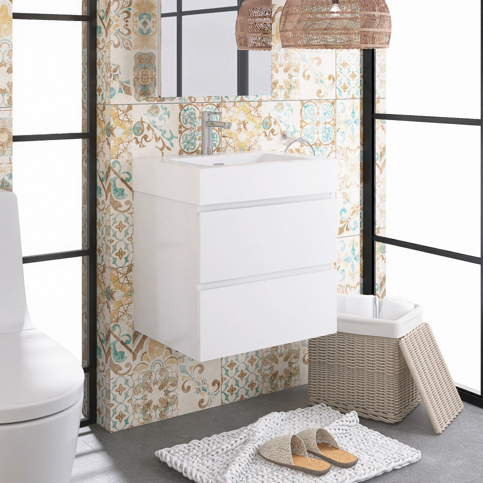 Wood Wall-Mounted Bathroom Vanity Set with Integrated Resin Sink, White, 24"