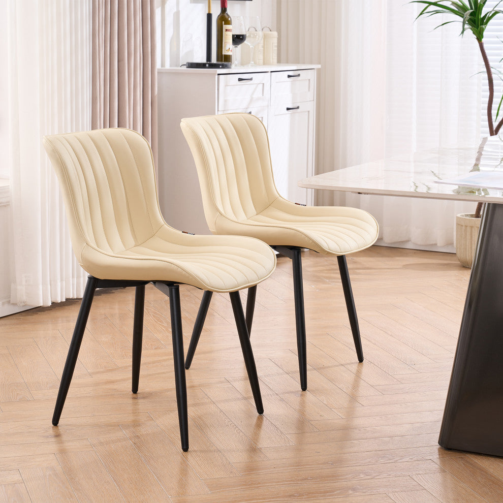 Younike Dining Chair Set of 2, Liner Pattern Faux Leather, Beige