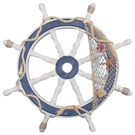 24" Distressed White and Blue Wood Ship Wheel
