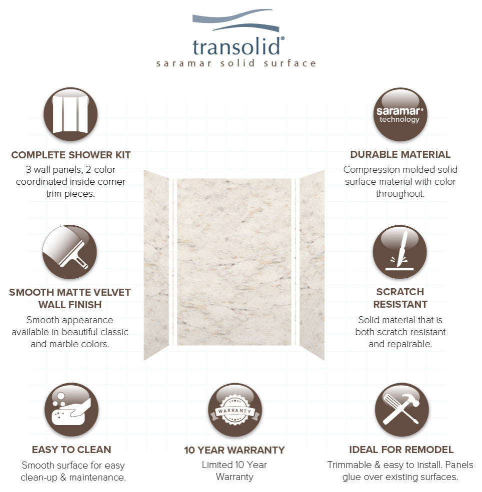 Transolid SaraMar 48"x36"x72" 3-Piece Shower Wall Kit, Biscotti Marble Velvet