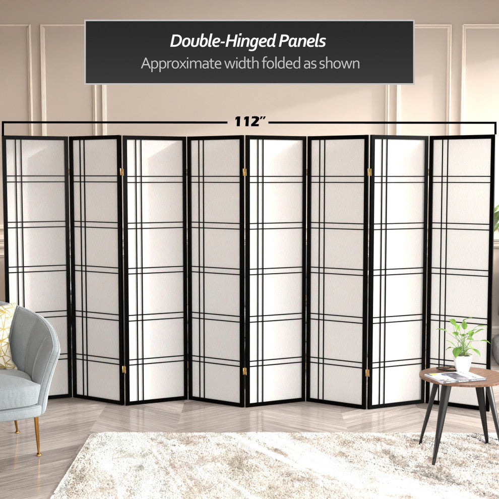 6' Tall Double Cross Shoji Screen, Black, 8 Panels