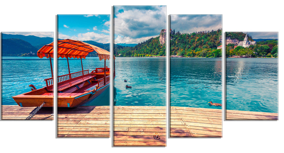 Boat in Lake Bled In Julian Alps, Landscape Canvas Print, 60"x32", 5 Panels