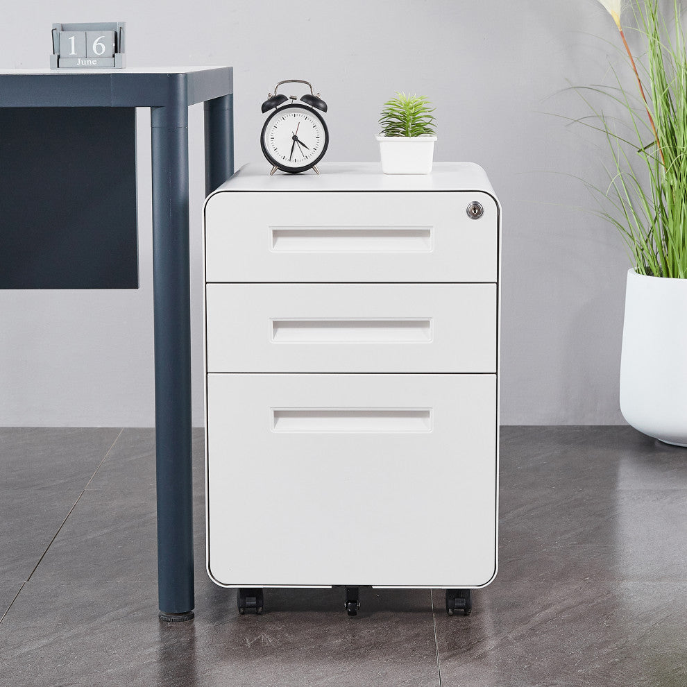 Under Desk File Cabinet, 3 Drawer Mobile Filing Cabinet, Lock, White