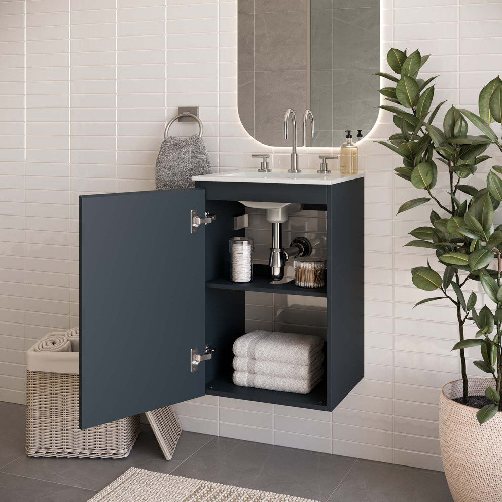 Sink Vanity Cabinet, Wall Mount, White Gray, Ceramic, Modern, Bathroom