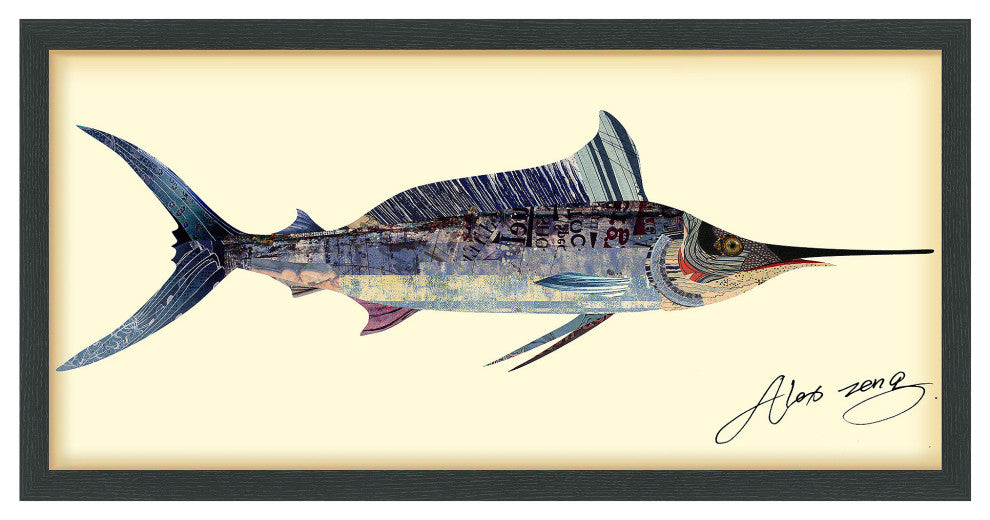 Blue Marlin Handmade Collage Framed Graphic Wall Art Under Glass 33x17