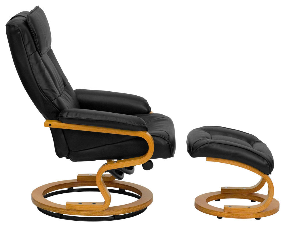 Black Leather Recliner and Ottoman With Swiveling Maple Wood Base