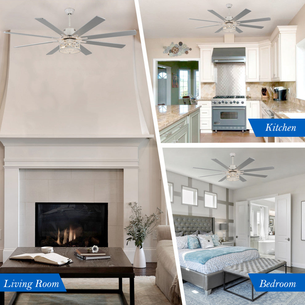72" Antique Large Ceiling Fan with Light Kit, 8 Wood Blades Ceiling Fan, Chrome