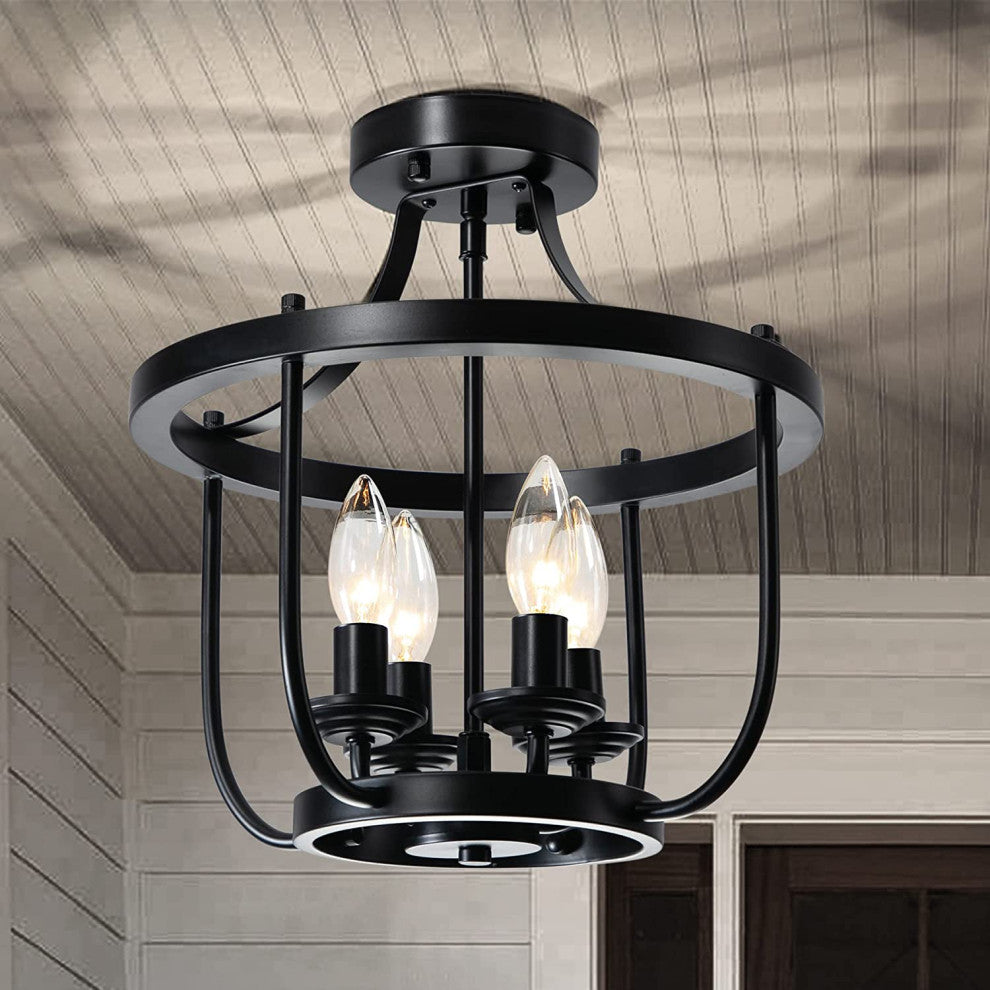 4 Light Semi Flush Mount Ceiling Lighting Fixture Farmhouse Black Cage Ceiling