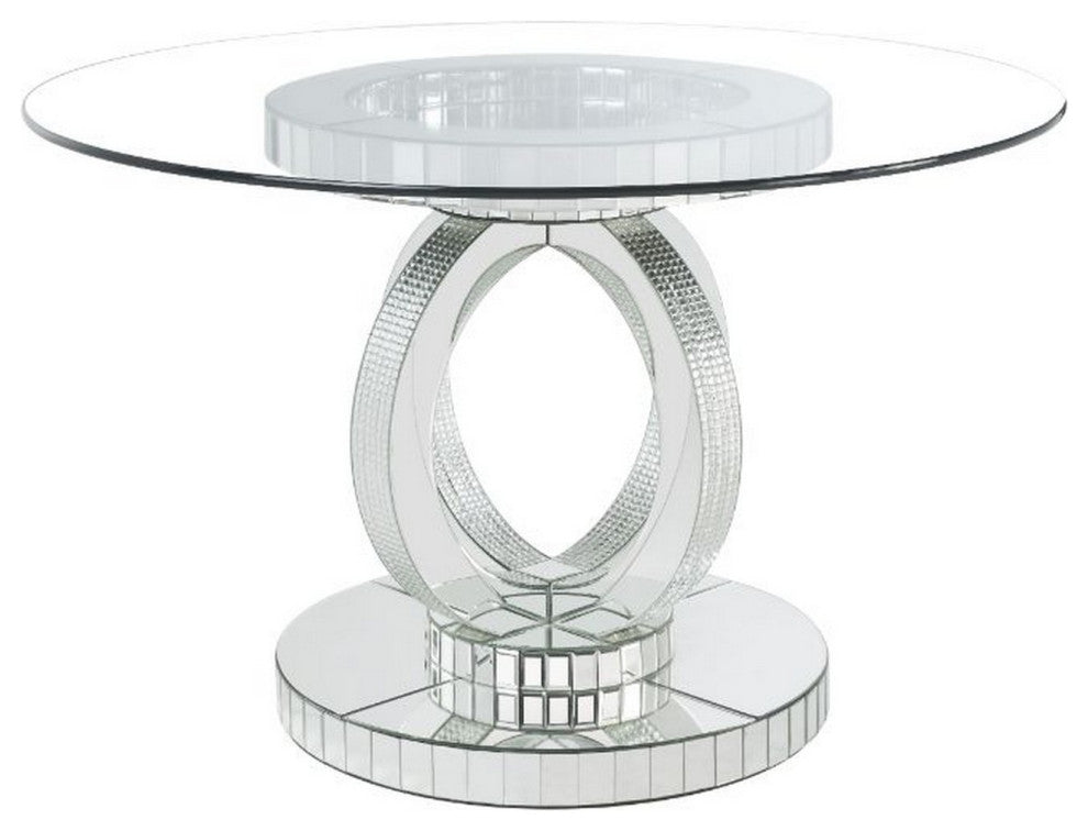Benzara BM261677 Dining Table, Glass Top, Interloped Circular Mirror Base Silver