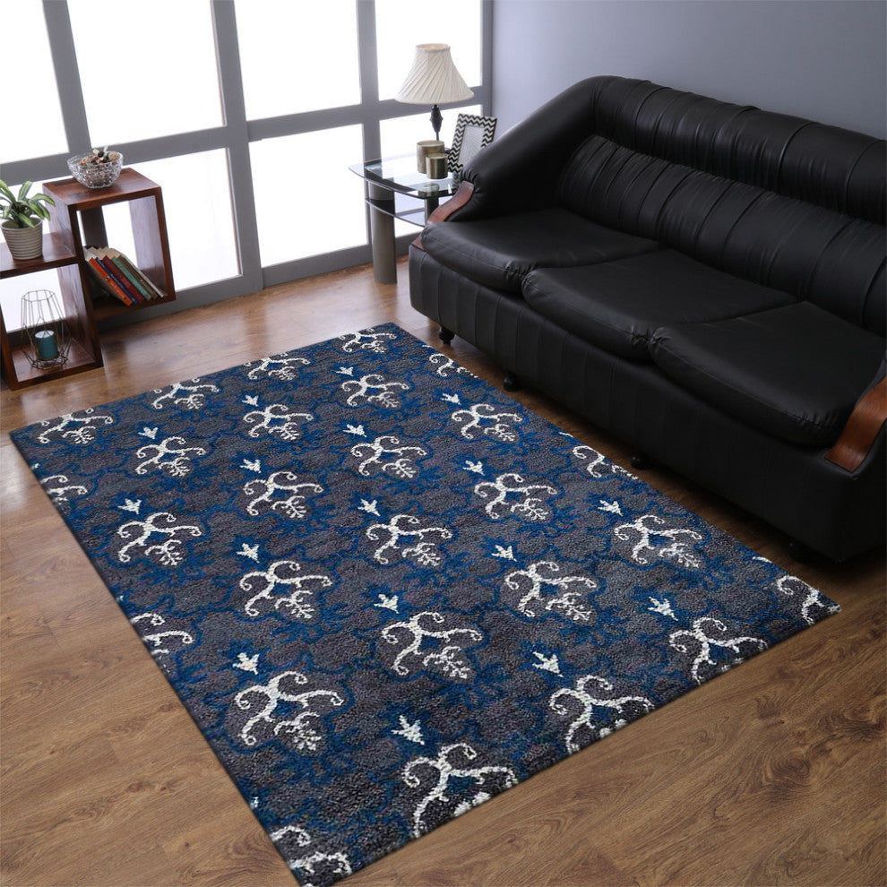 Hand Knotted Silk Area Rug Contemporary Gray White