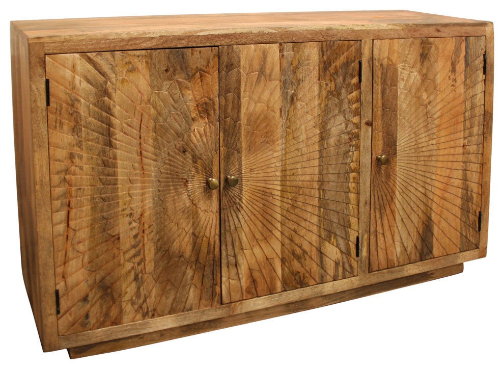 Moti Sunbright 3 Hand Carved Doors Mid-Century Solid Wood Sideboard, Natural