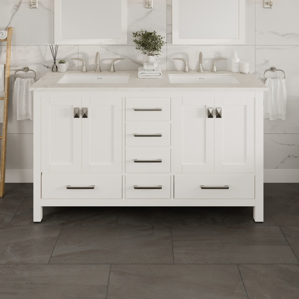 Eviva Aberdeen 60"Wx22"D Double Sink Bathroom Vanity, Quartz Countertop