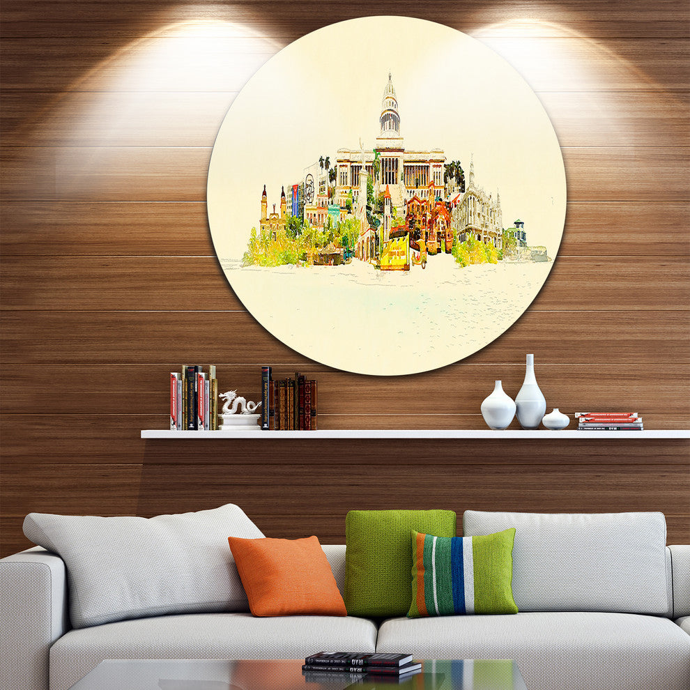 Havana Panoramic View, Cityscape Watercolor Round Wall Art, 23"