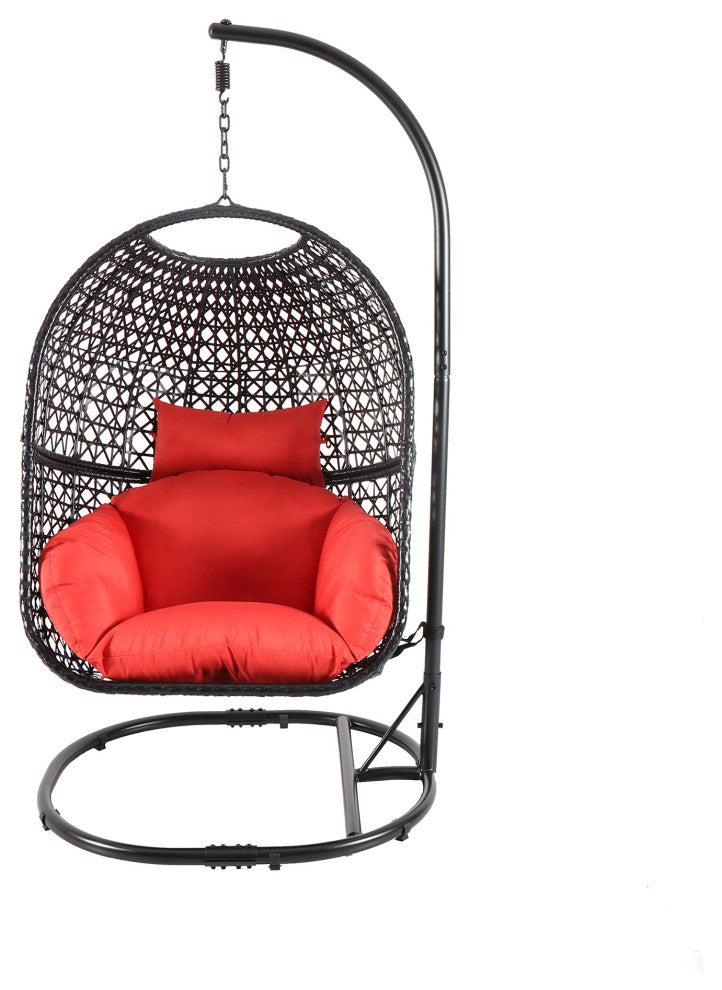 Outdoor Rattan Swing Chair Hanging Egg Chair With Cushion, Red