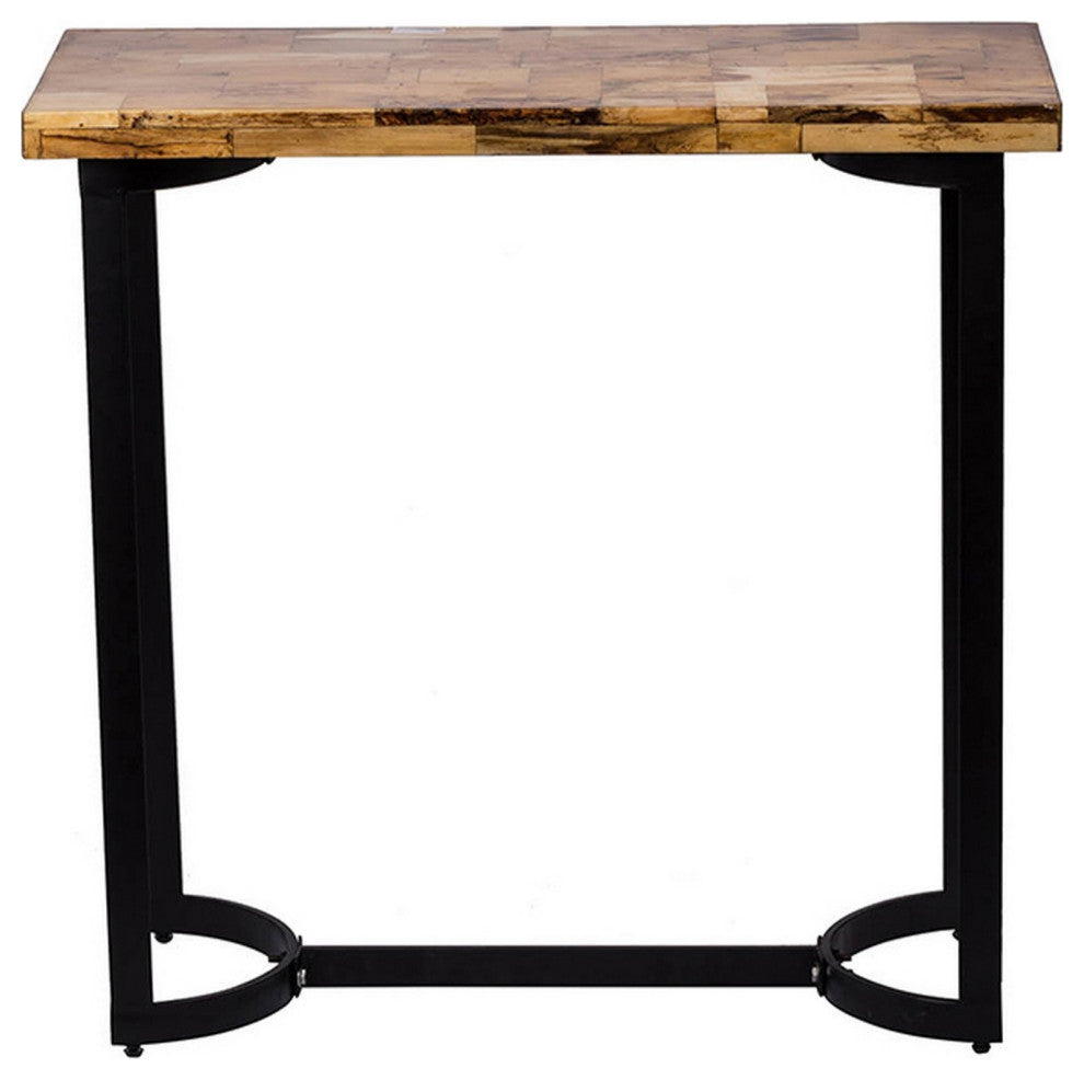 36 Inch Industrial Console Sofa Table, Plank Wood Top, Matte Black Frame