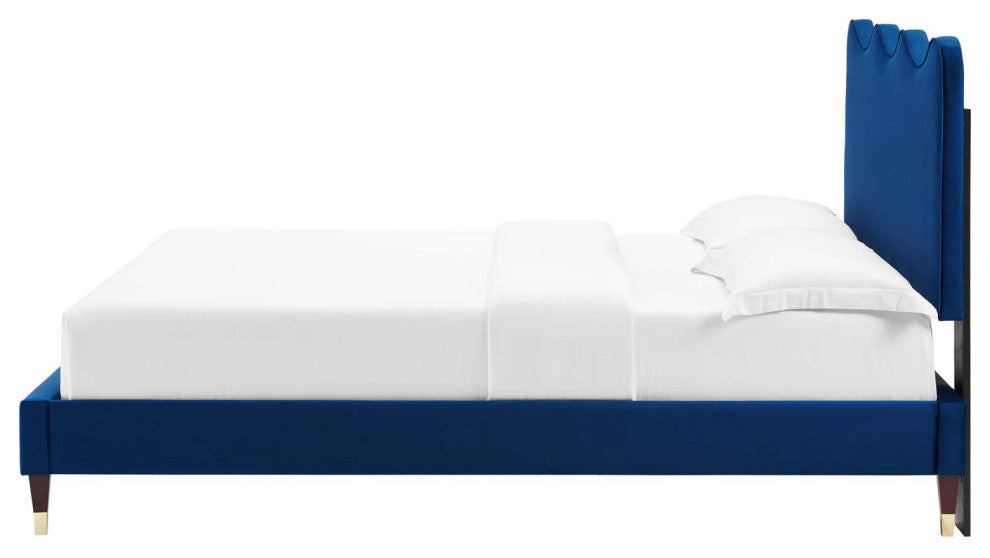 Platform Bed Frame, King Size, Blue Navy, Velvet, Modern, Bedroom Guest Suite