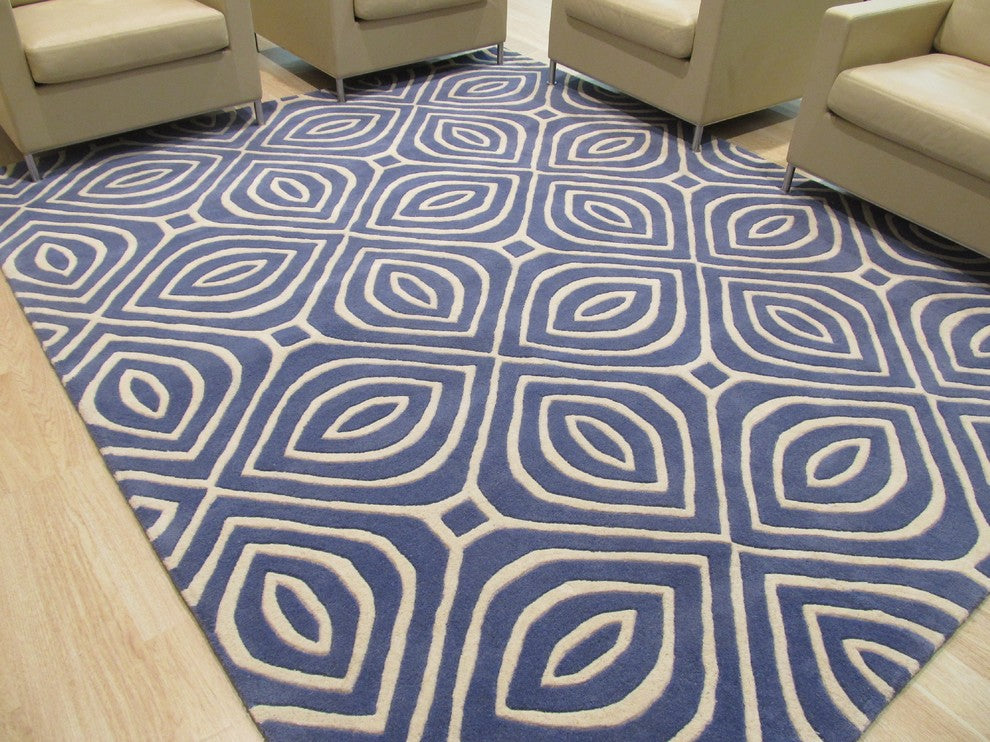 EORC Hand-tufted Wool Blue Contemporary Geometric Marla Rug, Round 7'9"x7'9"