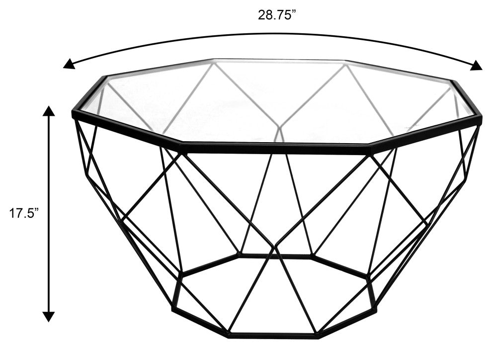 Malibu Round Coffee Table with Round Glass Tabletop in Geometric Metal Base, Black