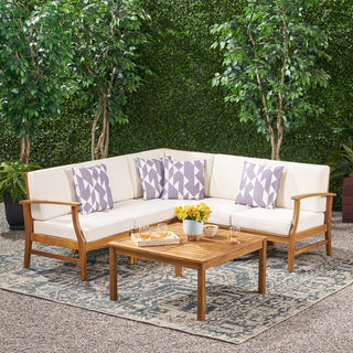Outdoor 5-Seat V Shaped Acacia Sectional With Table, Cream
